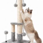 Extra Stable Double Base Cat Scratching Post Tree with Sisal Rope and 4 Teasing Toy Balls, Gray