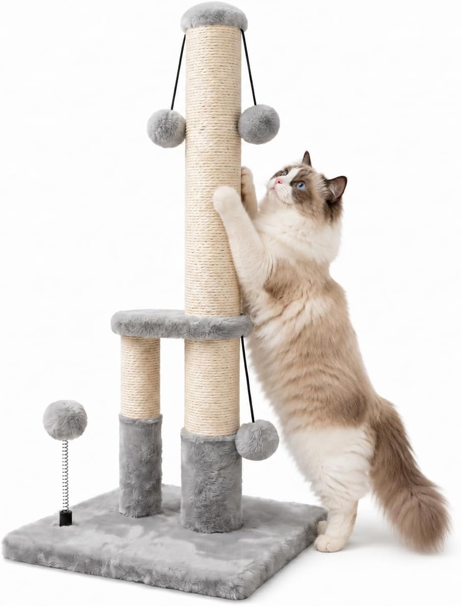 Extra Stable Double Base Cat Scratching Post Tree with Sisal Rope and 4 Teasing Toy Balls, Gray
