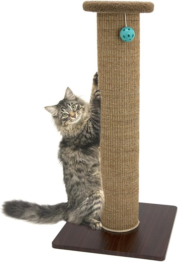 32-Inch Durable Tall Sisal Scratcher with Sturdy Base and Hanging Jingle Bell Toy for Indoor Cats, Brown