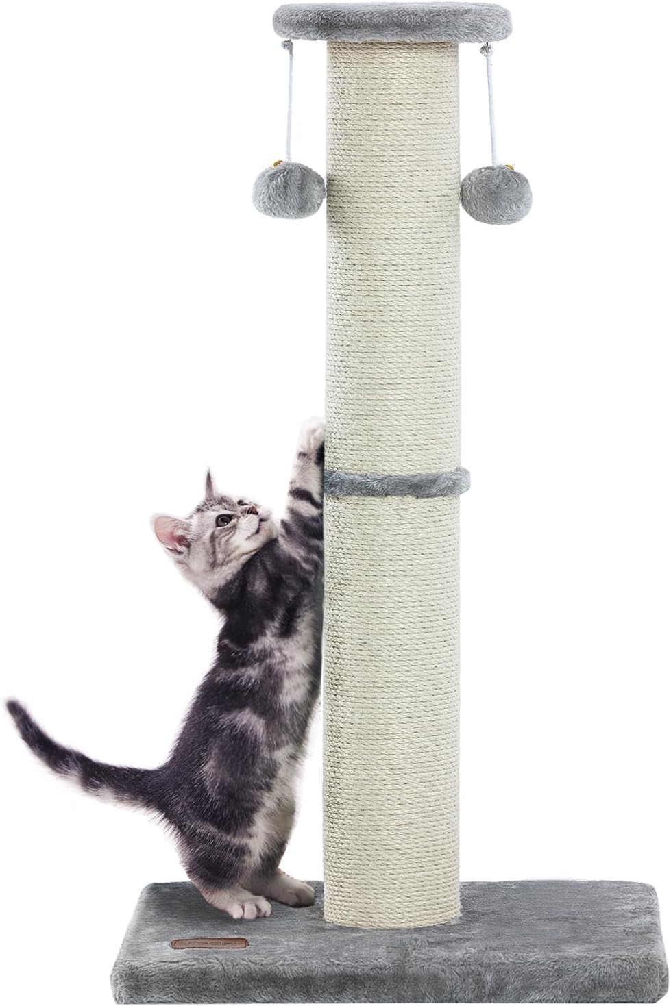 34-Inch Large Scratching Post with 4.3-Inch Diameter Natural Sisal and Dangling Balls for Adult Cats, Gray