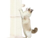 33-Inch Vertical Sisal Scratching Post with Dangling Ball for Full-Body Stretch, Beige and White