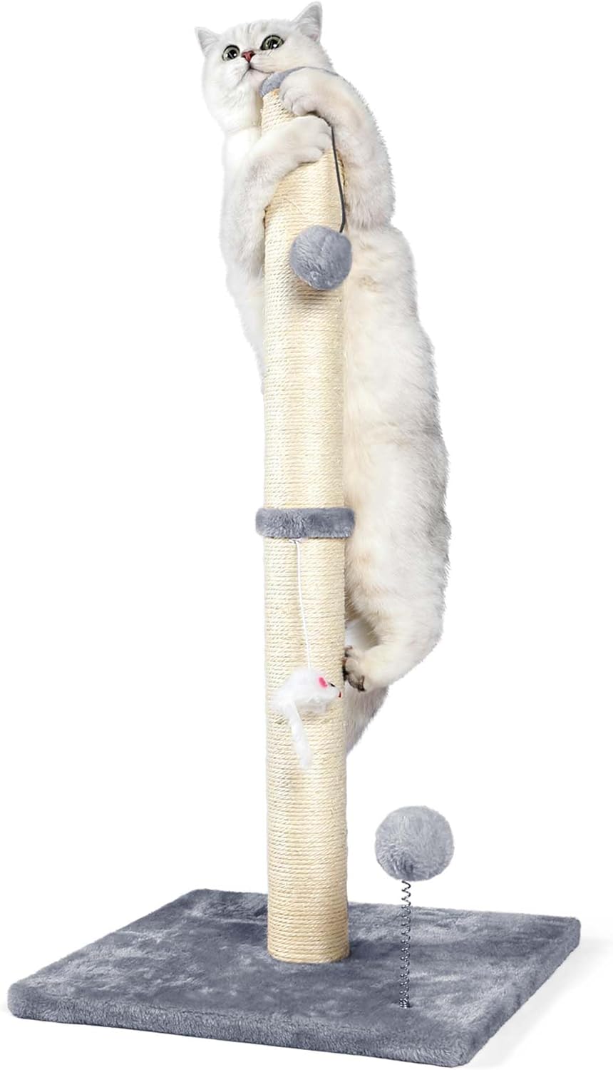 32-Inch Multi-Function Sisal Cat Scratching Post with Plush Dangling Toys and Stable Reinforced Base, Gray