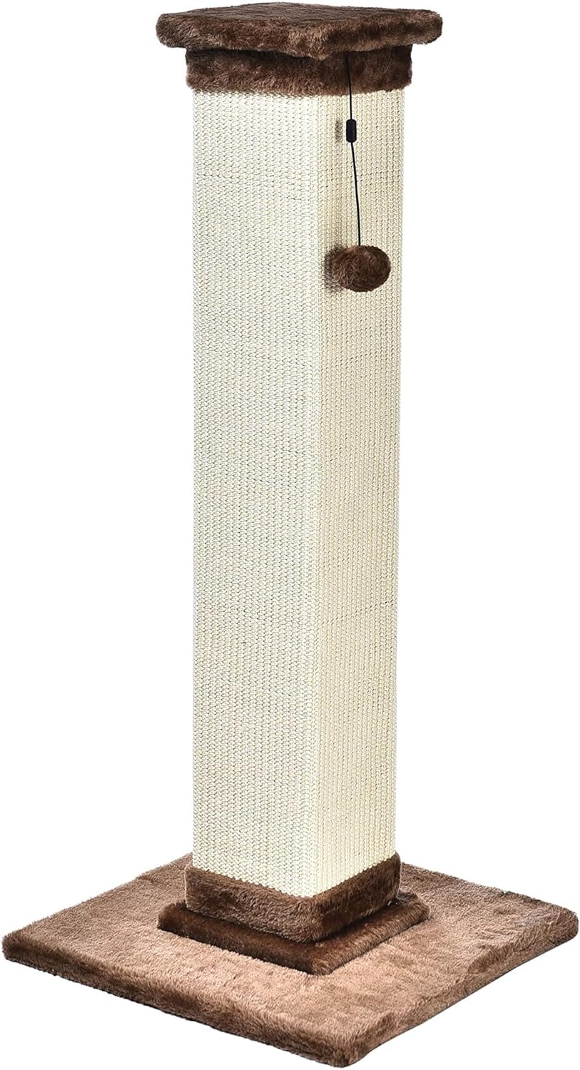 35.4-Inch Classic Single Post Cat Scratcher with Natural Sisal Rope and Solid Wood Base for Indoor Cats, Brown