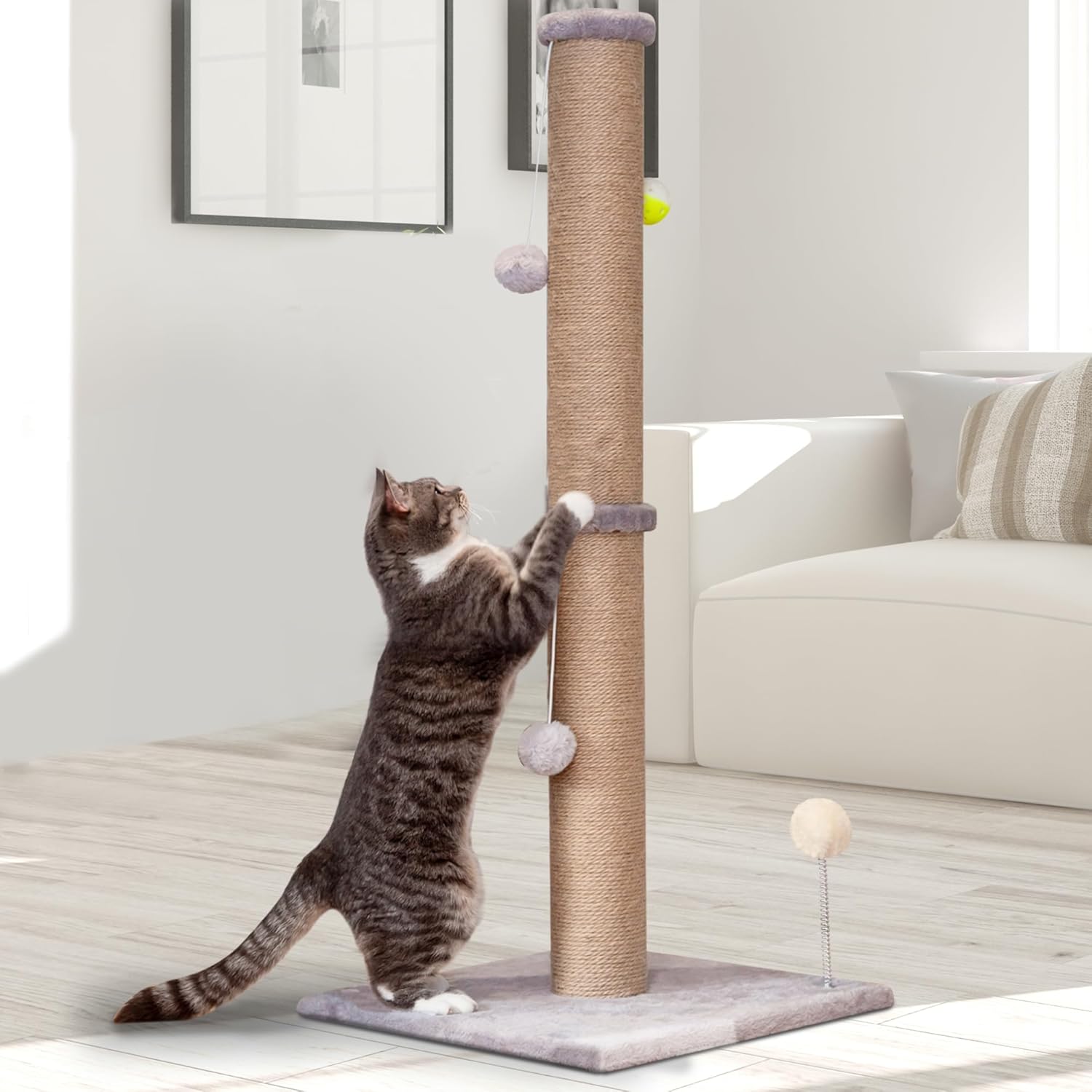 36-Inch Large Sisal Rope Scratching Post Tree with Interactive Toy for Indoor Cats, Gray