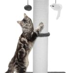 34-Inch Heavy-Duty Cat Scratching Tower with Cotton Rope, Sturdy Wide Base and Dangling Toys for Large Indoor Cats, Gray