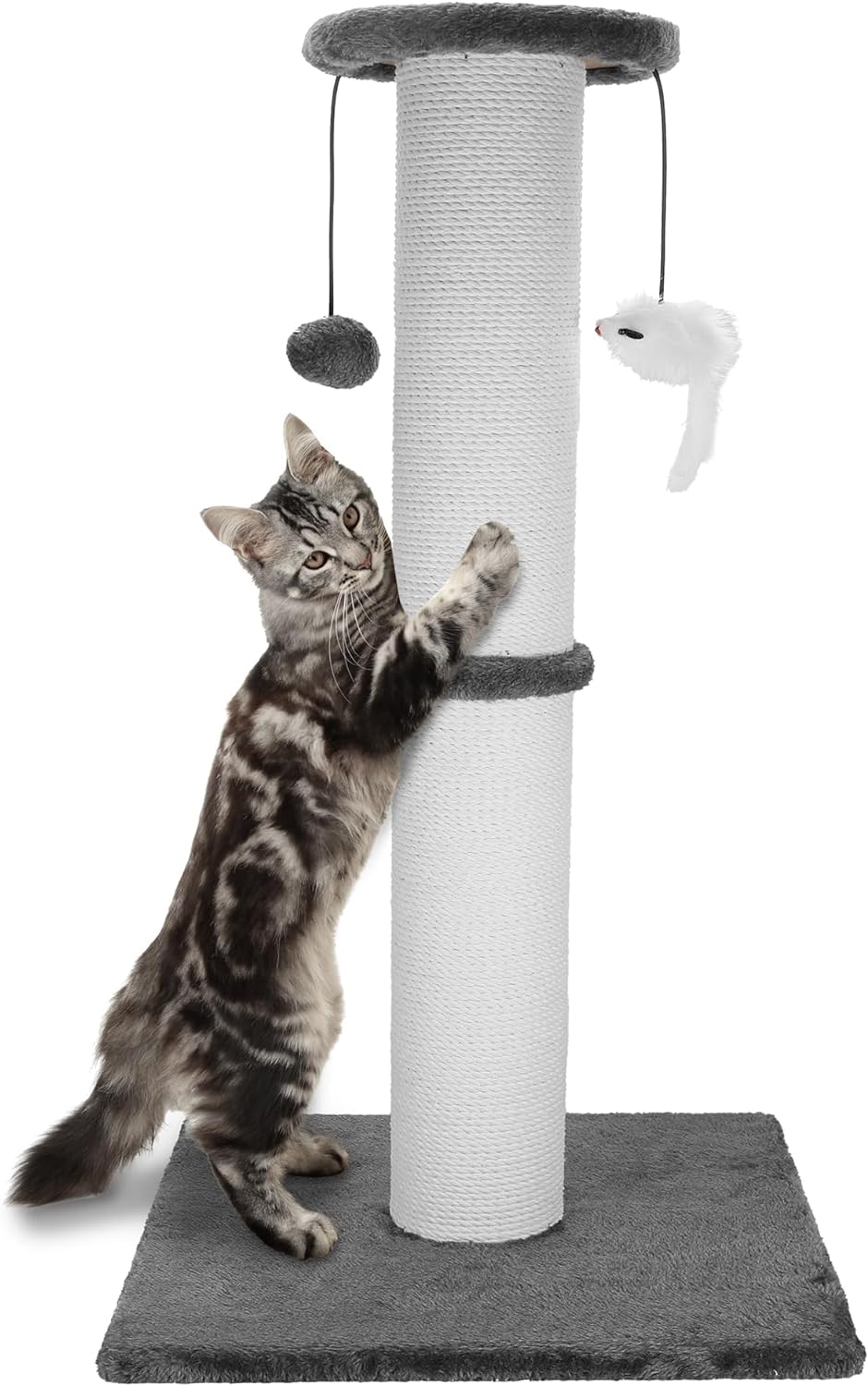 34-Inch Heavy-Duty Cat Scratching Tower with Cotton Rope, Sturdy Wide Base and Dangling Toys for Large Indoor Cats, Gray