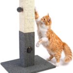 32-Inch Sisal Rope Scratching Tower with Jingle Bell and Softball Toys for Large Indoor Cats, Gray and Beige